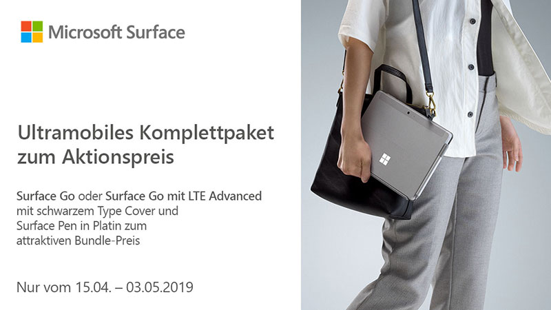 Ein zweigeteiltes Bild. Links die Beschrftung: Ultramobiles Komlpettpaket zum Aktionspreis, rechts eine Dame mit einem Laptop unter dem Arm
