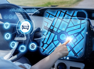 Innenraum eines selbstfahrenden Fahrzeugs mit Technologiemerkmalen