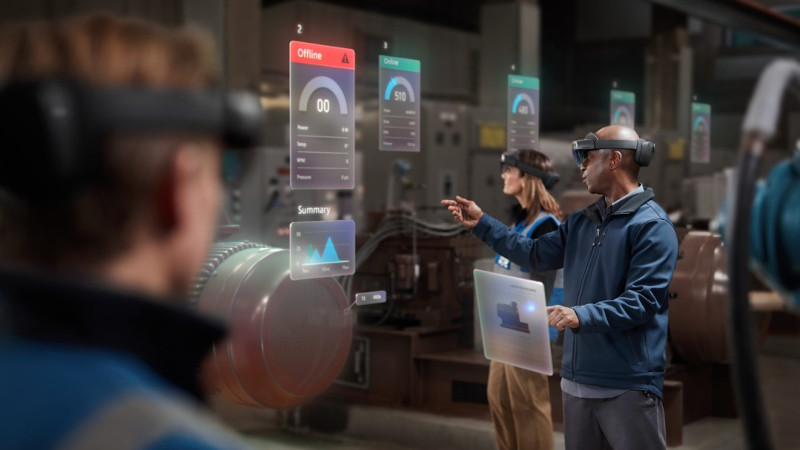 Mehrere M&auml;nner arbeiten an virtuellen Bildschirmen und tragen eine HoloLens