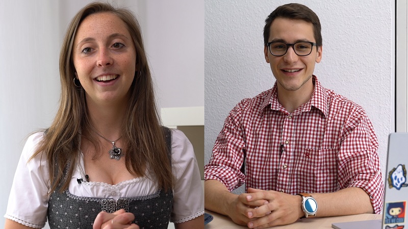 Ein zweigeteiltes Bild, links eine Frau im Dirndl, rechts ein Mann in einem rot-wei&szlig;-kariertem Hemd