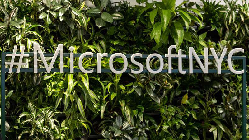MicrosoftNYC Schriftzug vor gr&uuml;nen Pflanzen