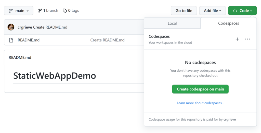 A screenshot of the newly created repository.