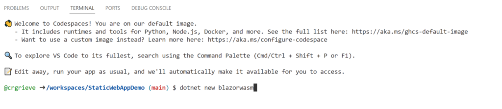 A view of the terminal on GitHub.