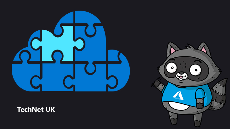 An illustration of a cloud made of puzzle pieces, with a drawing of Bit the Raccoon to the right of the image