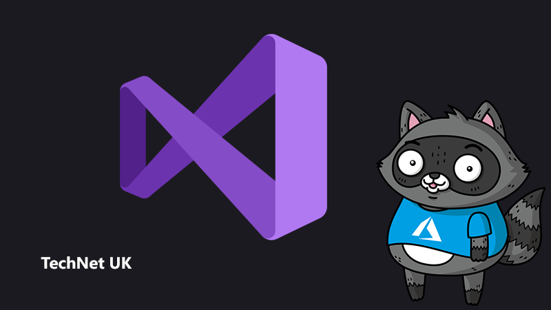 The Visual Studio logo, next to an image of Bit the Raccoon