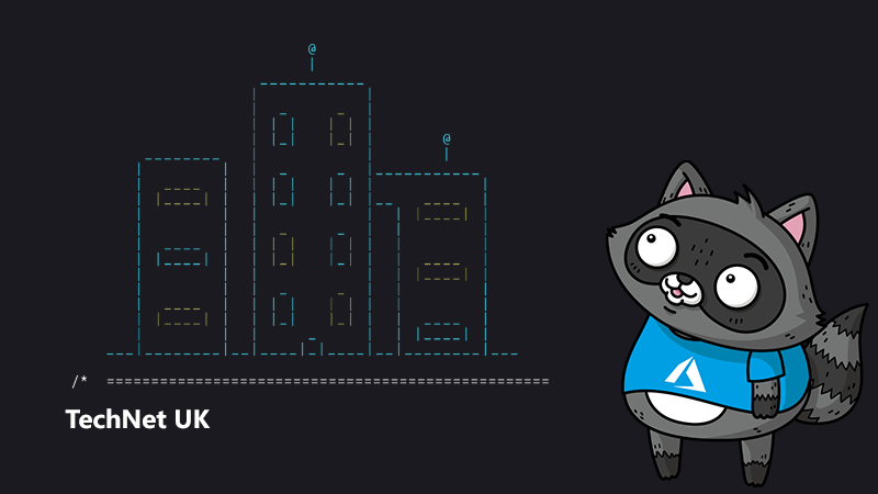An ASCII image of a block of flats, next to an image of Bit the Raccoon