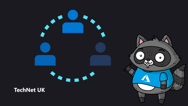 An illustration depicting a modern workplace, next to an illustration of Bit the Raccoon