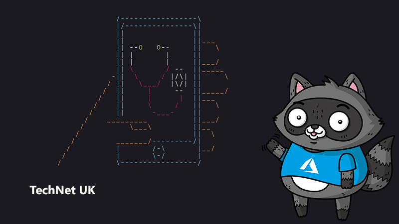 An image of a mobile phone with a stethoscope on screen made with ASCII art, next to an illustration of Bit the Raccoon