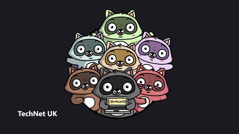 An illustration of Bit the Raccoon holding a laptop, with text reading Community on the screen. Bit is surrounded by six other raccoons of different colours