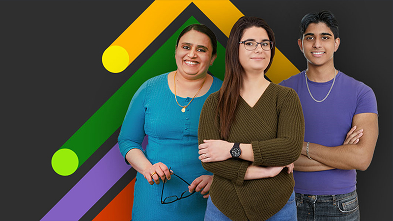 Two women and one man stand in front of a digital graphic background