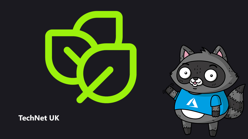 An illustration of leaves representing sustainability, next to an illustration of Bit the Raccoon