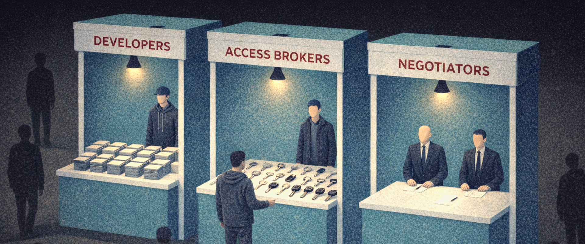 An illustration of people approaching three kiosks labeled developers, access brokers, and negotiators