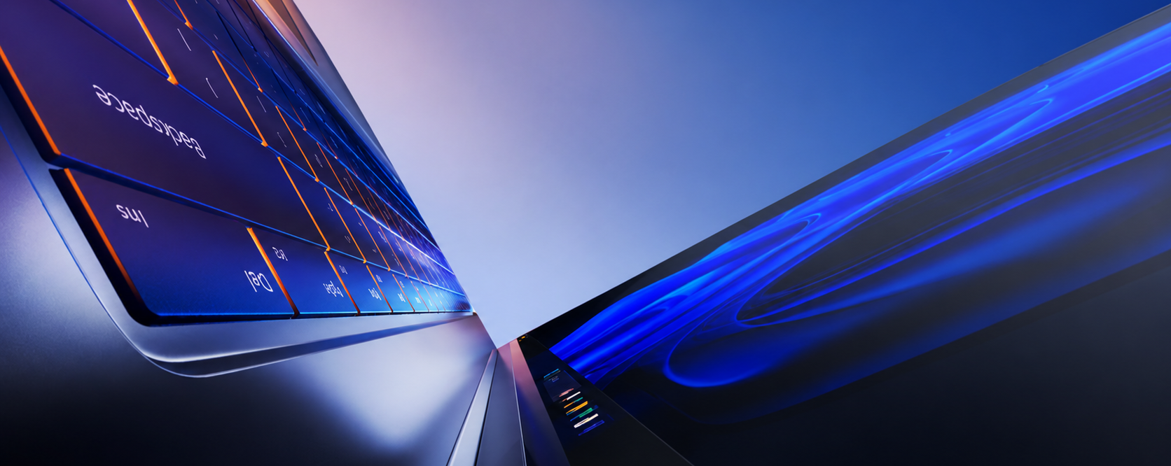Angled close-up of a laptop displaying a blue abstract screensaver.
