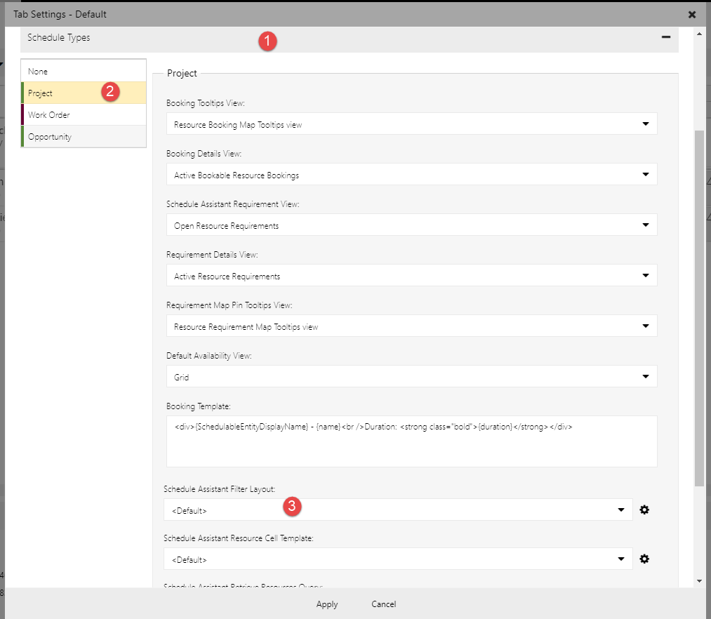 Set schedule assistant filter layout for project type