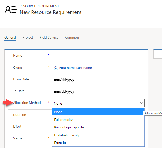 Image showing allocation method options on the requirement form