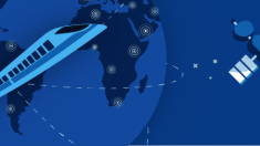 Blue graphic of the planet Earth in space with a floating satellite in the background and a tram orbiting the Earth