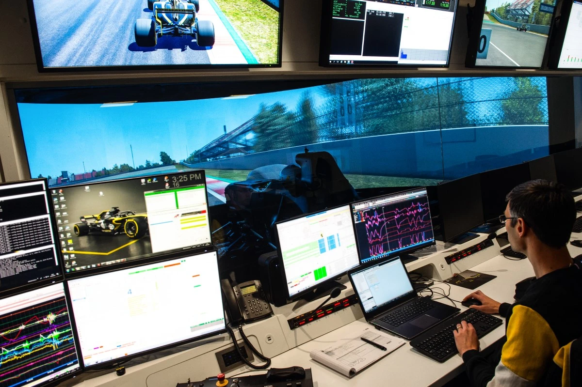A racing simulator is used to make fine tuned adjustments to maximize performance during testing of Formula One race cars