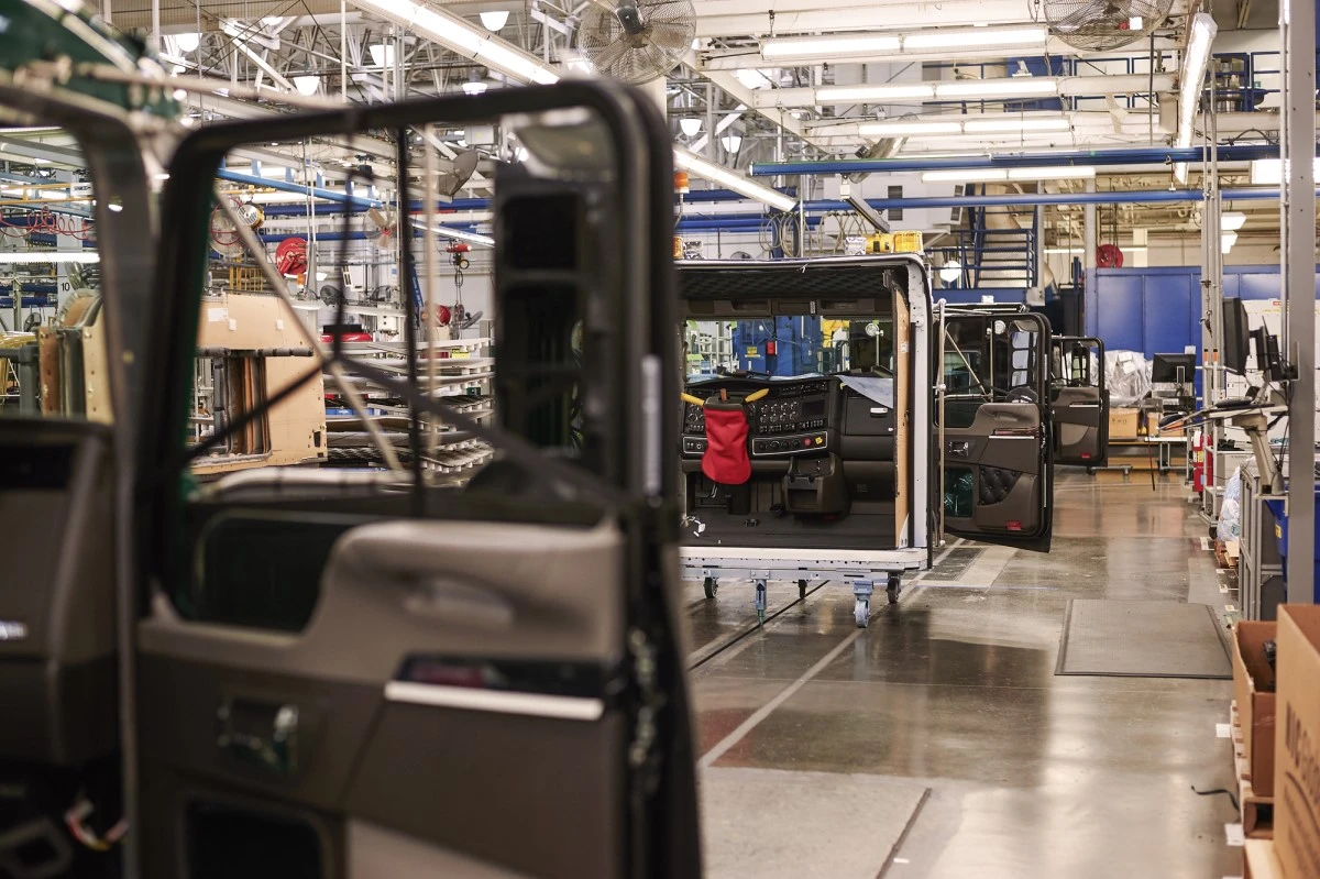Assembly line shot at a bus manufacturing plant