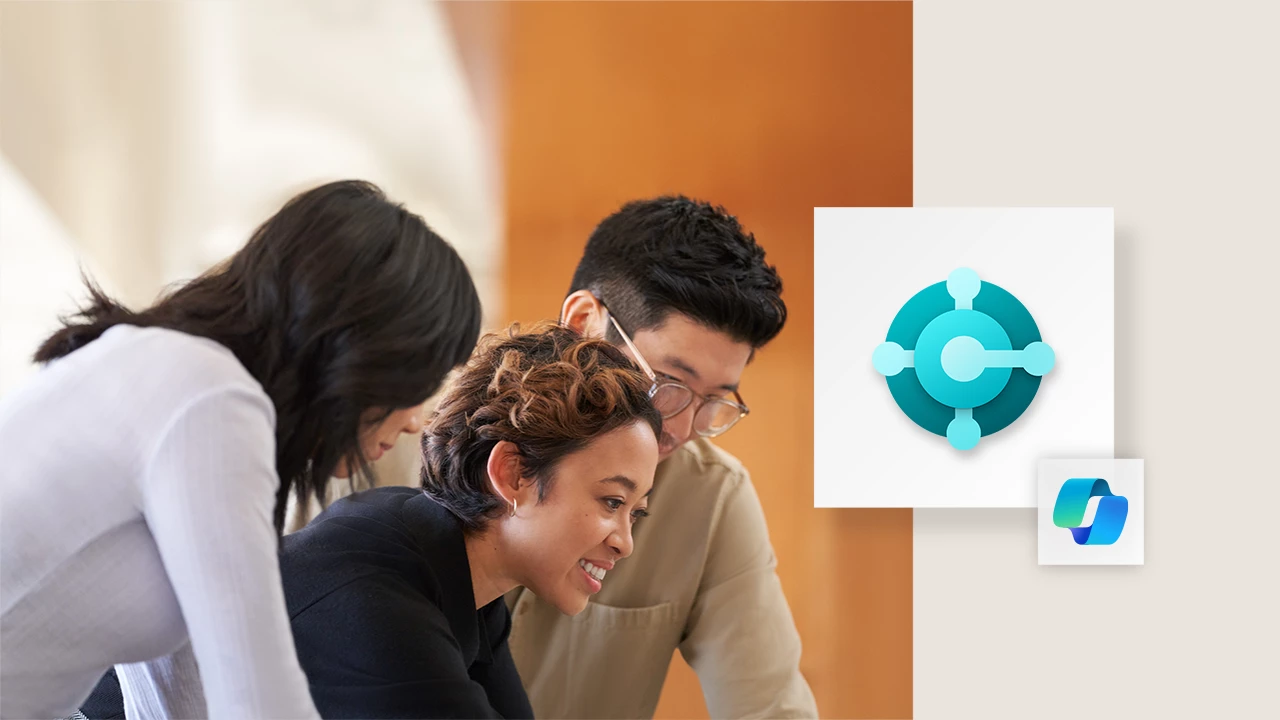 Three people working together at a conference table. Image includes the logos for Business Central and Copilot