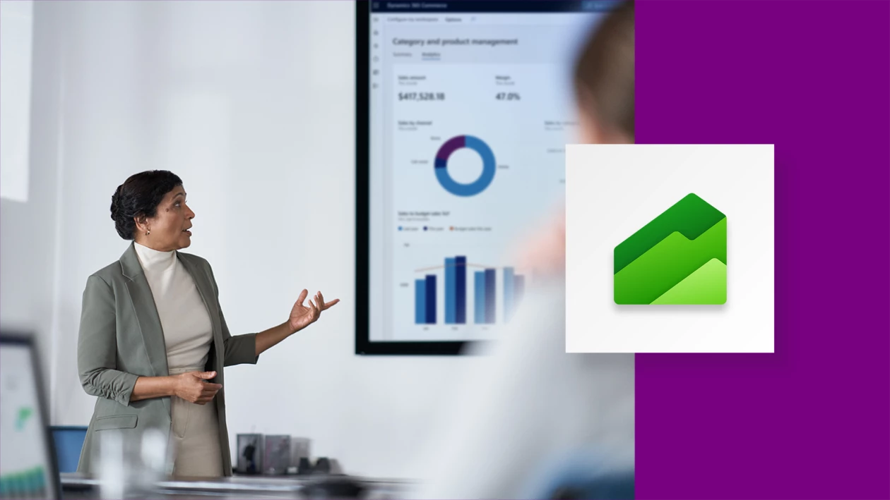 Custom creative template including a photo of a woman standing, giving a presentation. The image includes an overlay of the Microsoft Dynamics 365 Finance logo on the right