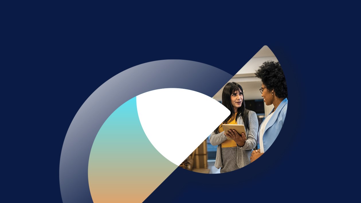 Abstract graphic design incorporating a photograph of two coworkers talking in a studio