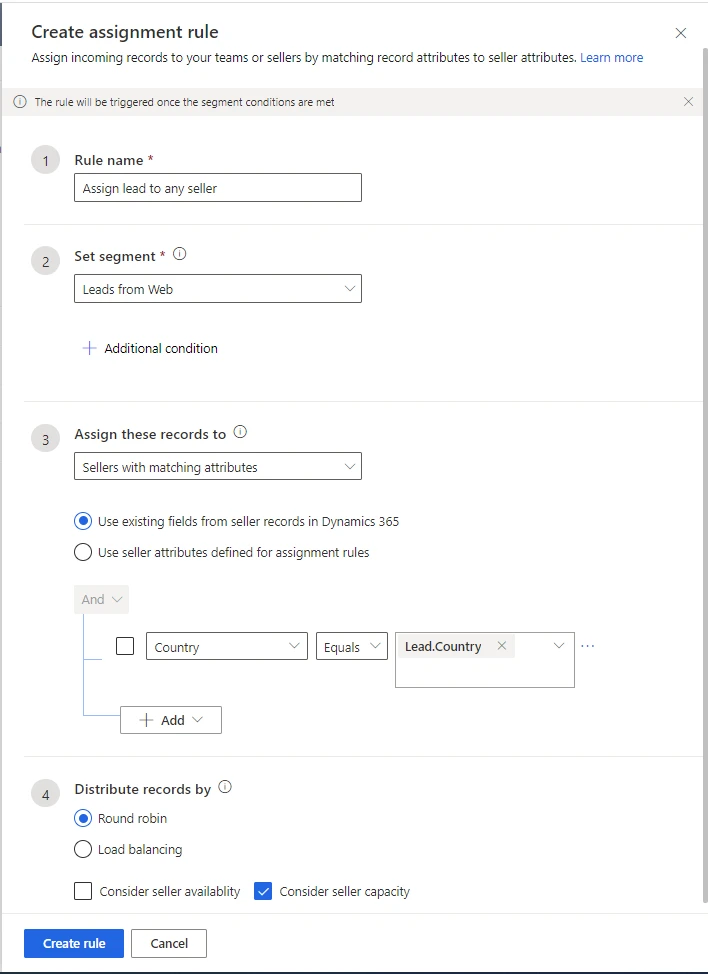 Screen showing the steps to create assignment rule