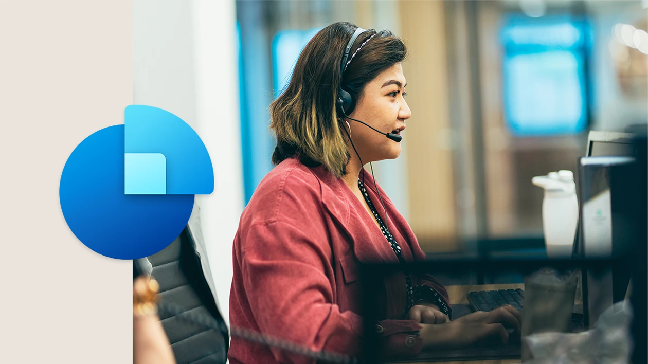 Customer service representative wearing a headset, assists a customer. The Dynamics 365 Sales icon is overlaid on the left side of the image