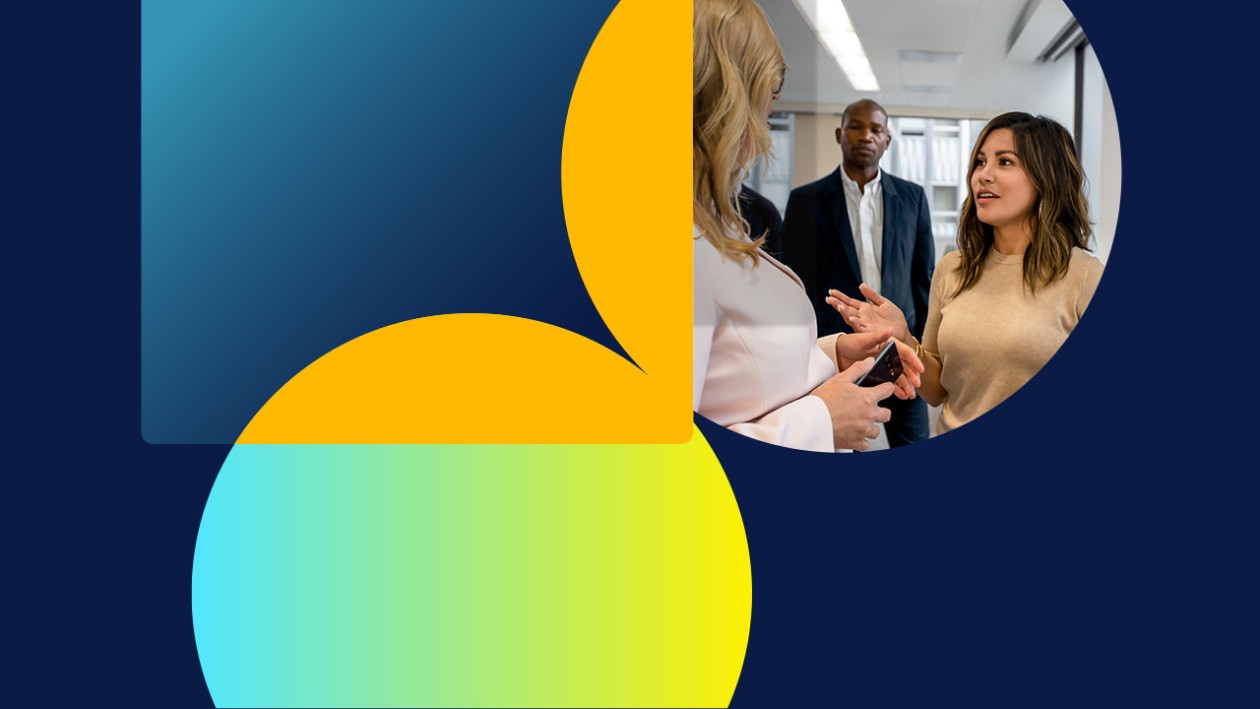 Graphic design with geometric shapes and a dark blue background, incorporating an image of three people talking in an office