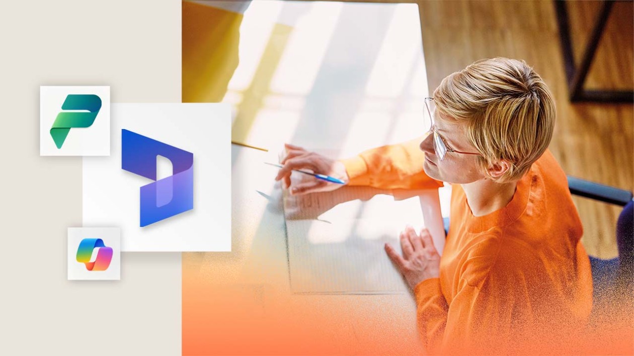 A woman sitting at a desk writing on paper. The image is overlaid with the Dynamics 365, Power Platform, and Copilot icons on the left side