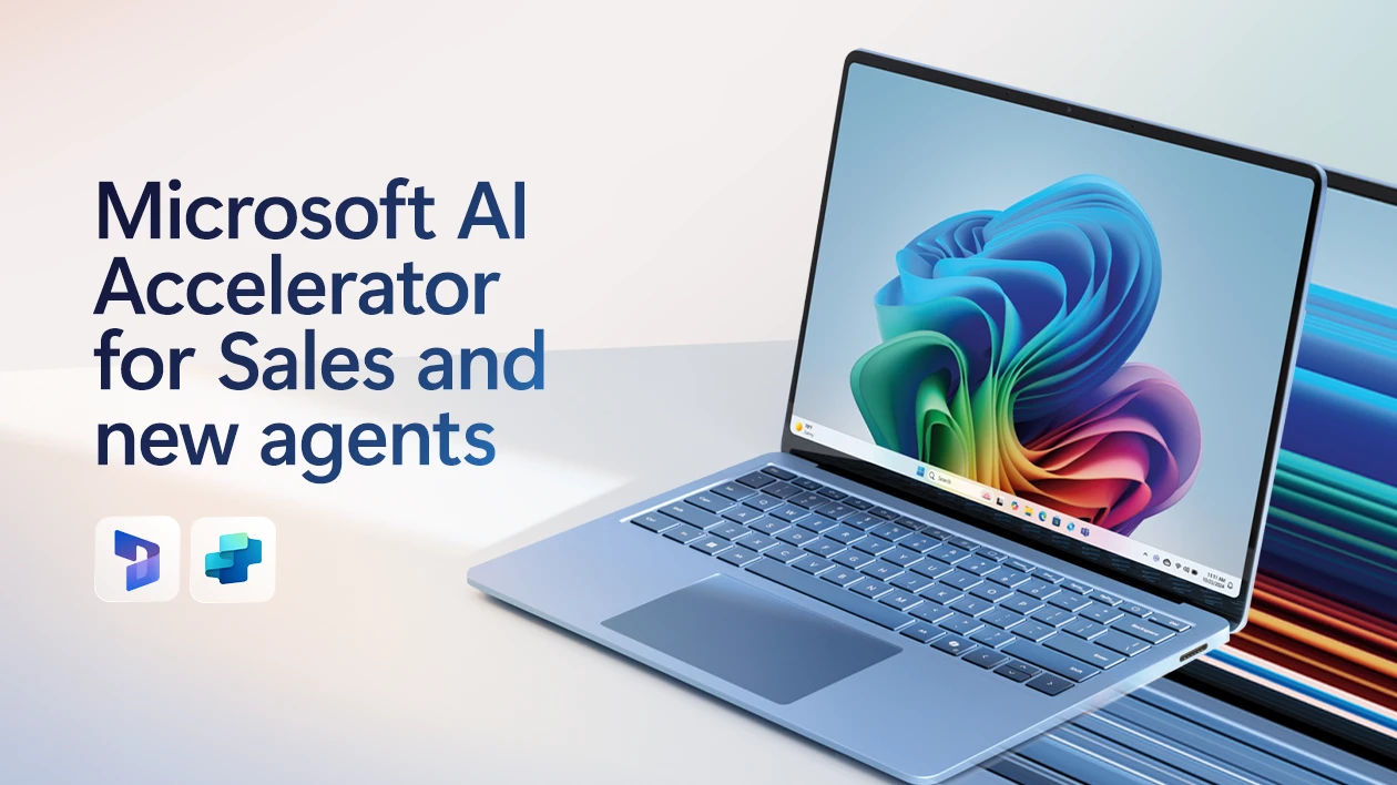 A laptop with a colorful design on the screen. The image reads: Microsoft AI Accelerator for Sales and new agents, and it incorporates the Dynamics 365 logo and the Copilot Studio logo