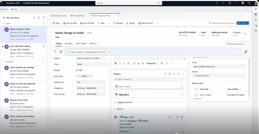 Case resolution agent generates email from a case