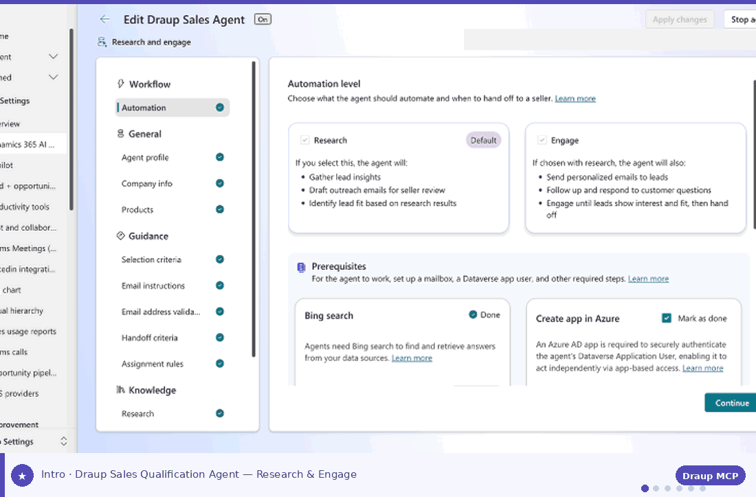 Animation showing a Dynamics 365 Sales agent configuration screen where sellers define automation settings for lead research and engagement, configure qualification criteria, and connect required data sources.