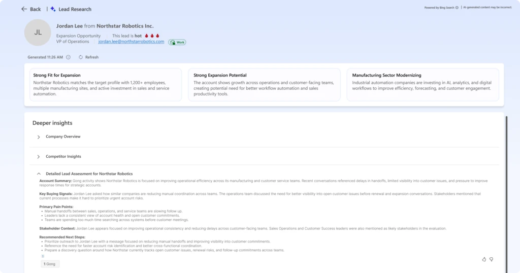 Screenshot of Dynamics 365 Sales Lead Research showing AI-generated account insights, buying signals, pain points, stakeholder context, and recommended next steps based on customer conversation data.
