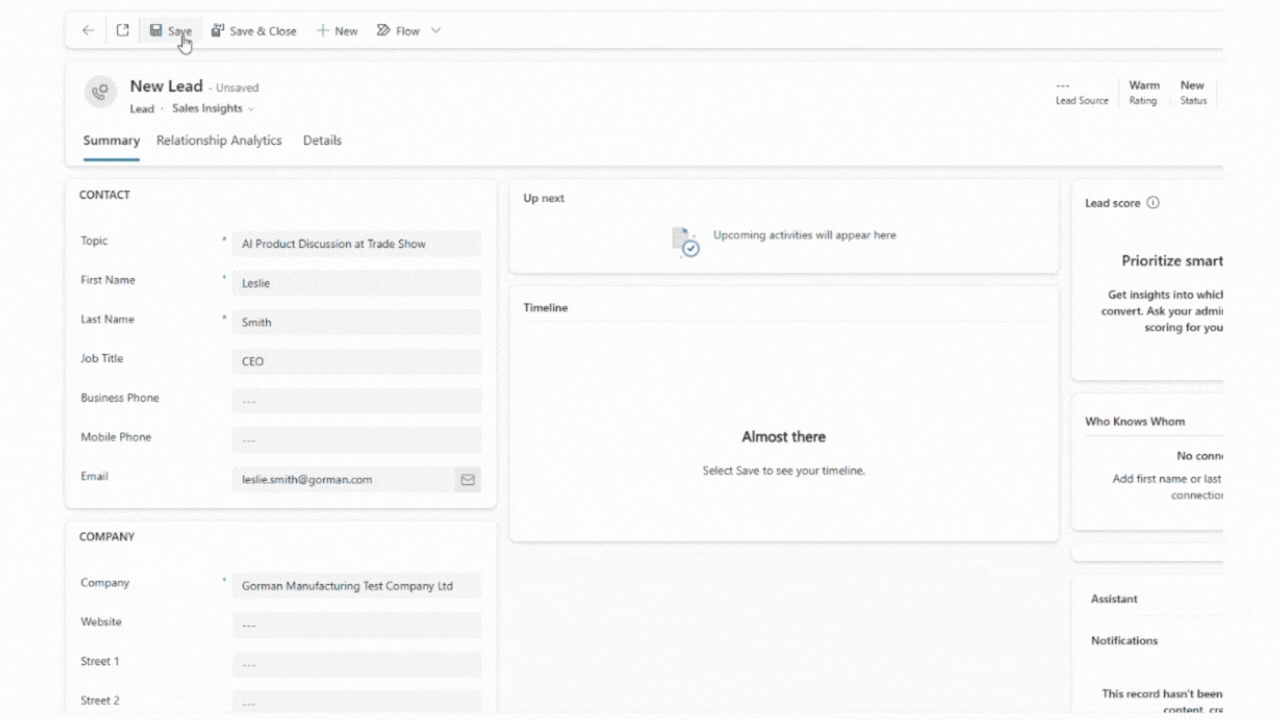 Animated demonstration of creating a new lead in Dynamics 365 Sales and enriching lead information using external business data to support sales qualification.