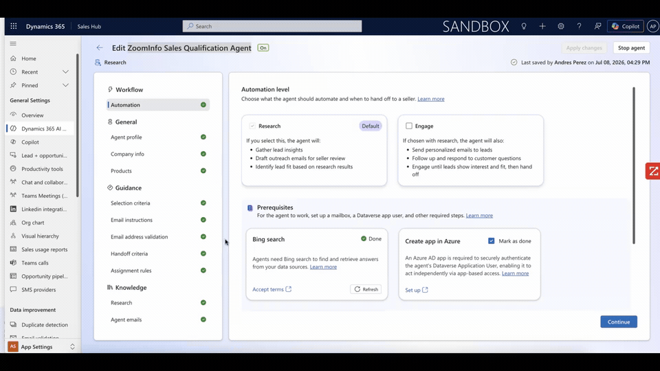 Animation showing the Dynamics 365 Sales Qualification Agent setup experience, with automation settings for research and engagement workflows, prerequisites, and agent configuration options displayed in Dynamics 365 Sales.