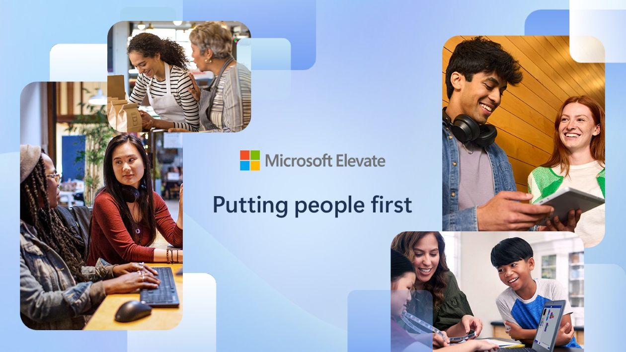 Graphic for Microsoft Elevate with the tagline Putting people first, featuring diverse groups of people collaborating in various work settings