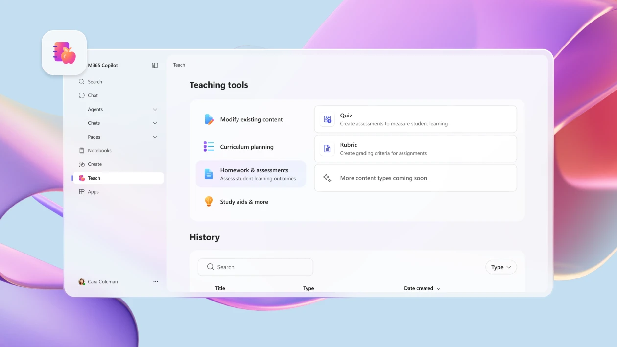 The Teach functionality in the Microsoft 365 Copilot app, showing options for modifying content, curriculum planning, and more