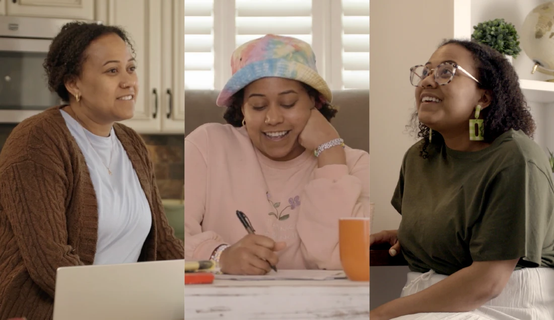 One image with three panels: a teacher, a student, and a mom