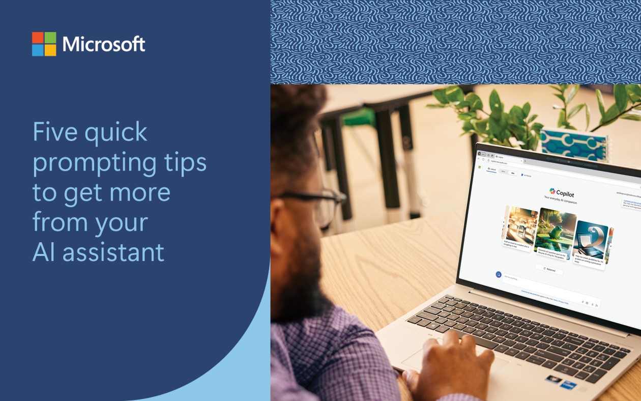 Decorative. A teacher sitting at a desk in a classroom and using Microsoft Copilot on a laptop. There are blue graphic designs framing the photo and it says, &ldquo;Five quick tips to get more from your AI assistant&rdquo; on the left side