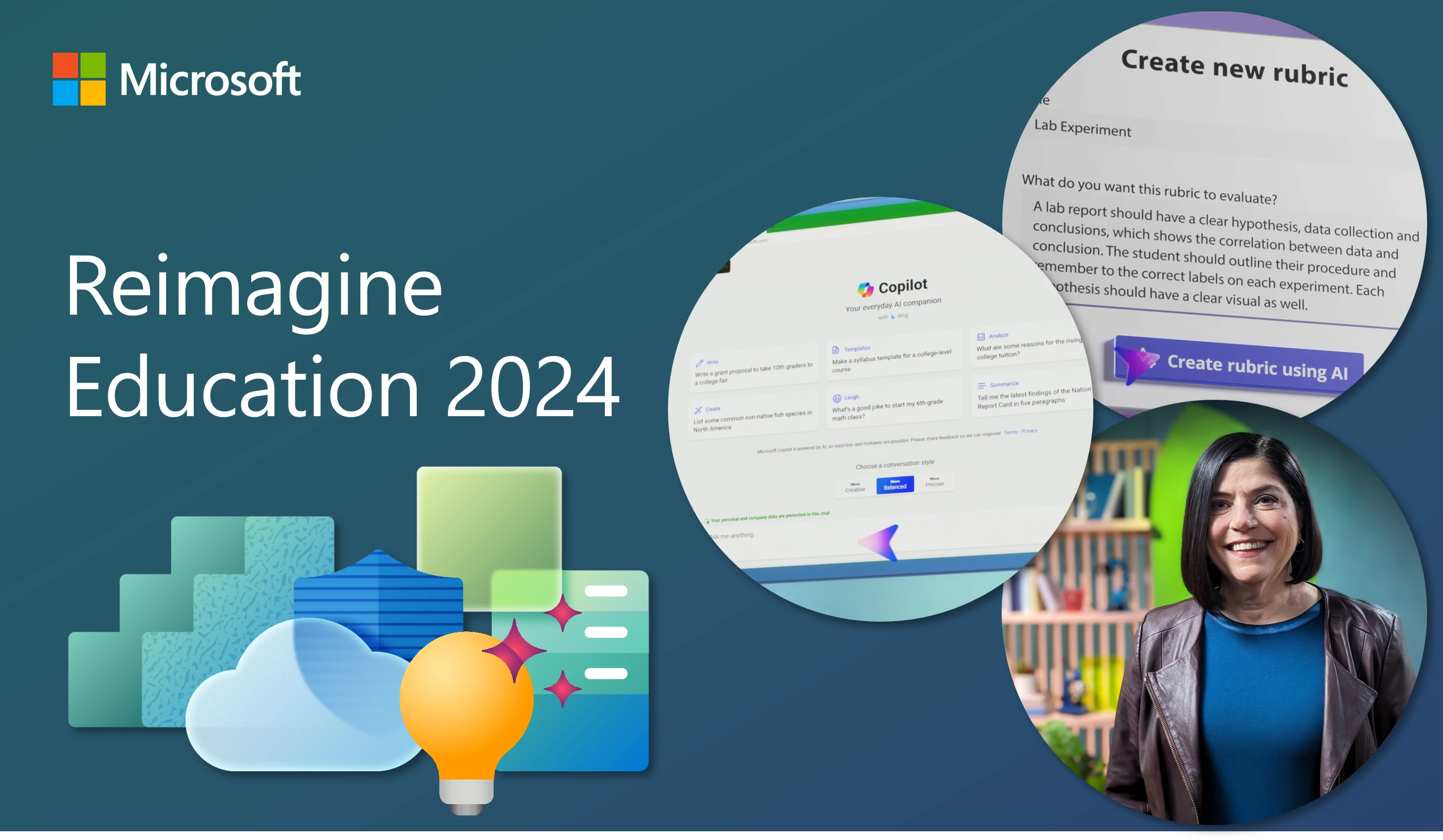 Graphic featuring three images: a woman smiling, the Copilot homepage, and an interface for creating a new rubric using AI