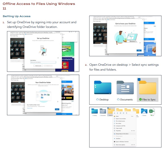 Demonstration of the first two steps in the process of setting up offline access to files: 1. Setting up OneDrive 2. selecting sync settings for folders.