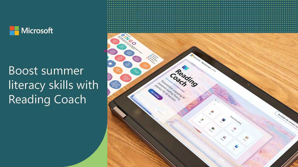 Decorative. A 2-in-1 laptop in tablet mode on a table with a colorful bingo card next to it. The image is framed by teal and green graphics with the Microsoft logo in the top left corner