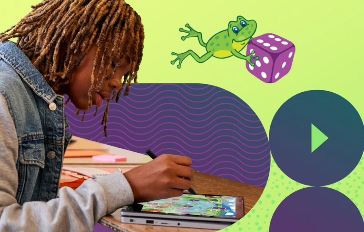 Decorative. An early-teenage student using a digital pen to work on a laptop. The photo is framed by purple, teal, and light green graphic designs, including a leaping frog holding a dice