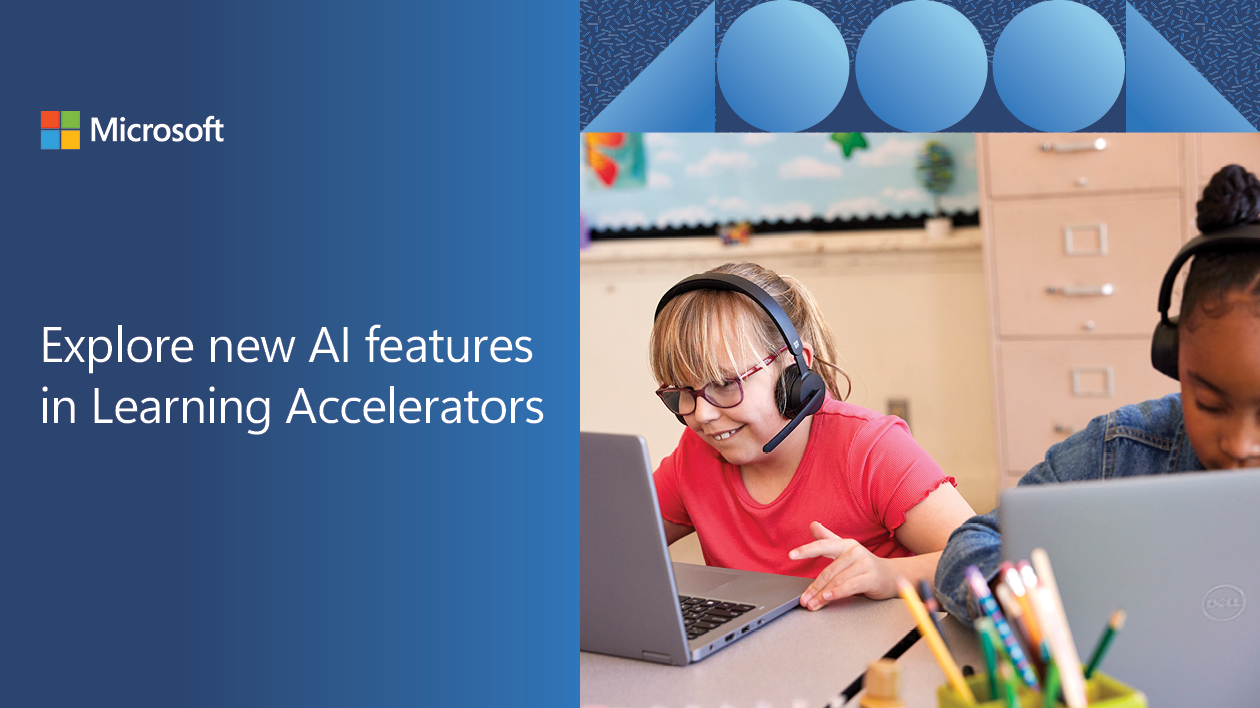 Decorative. Two young students wearing headphones and working on laptops in a school classroom. The photo is framed by blue graphic elements and the Microsoft logo