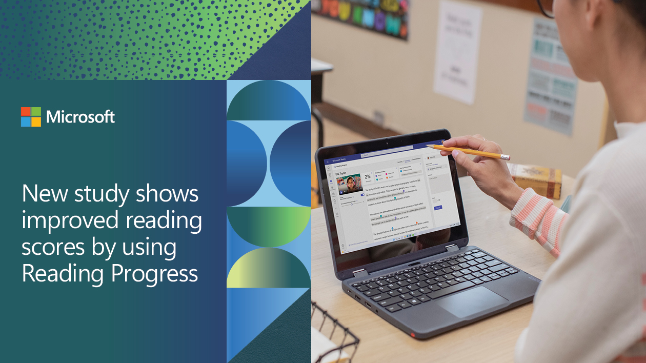Decorative. A teacher sitting at a desk in a school classroom and working on a laptop. The image is framed by blue and green graphic elements and the Microsoft logo, and the title &ldquo;New study shows improved reading scores by using Reading Progress.&rdquo;