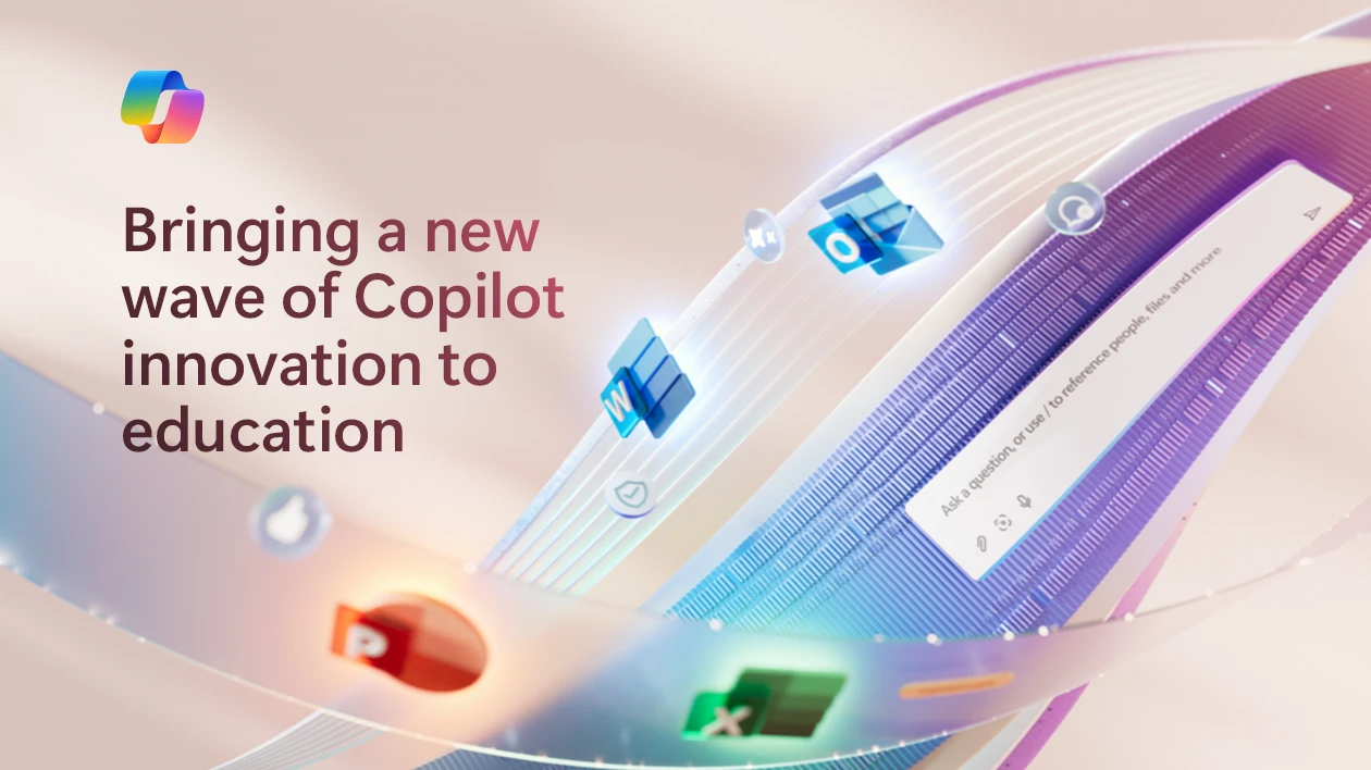Decorative. A graphic showing Microsoft 365 app icons and Copilot U I flowing together within an abstract ribbon