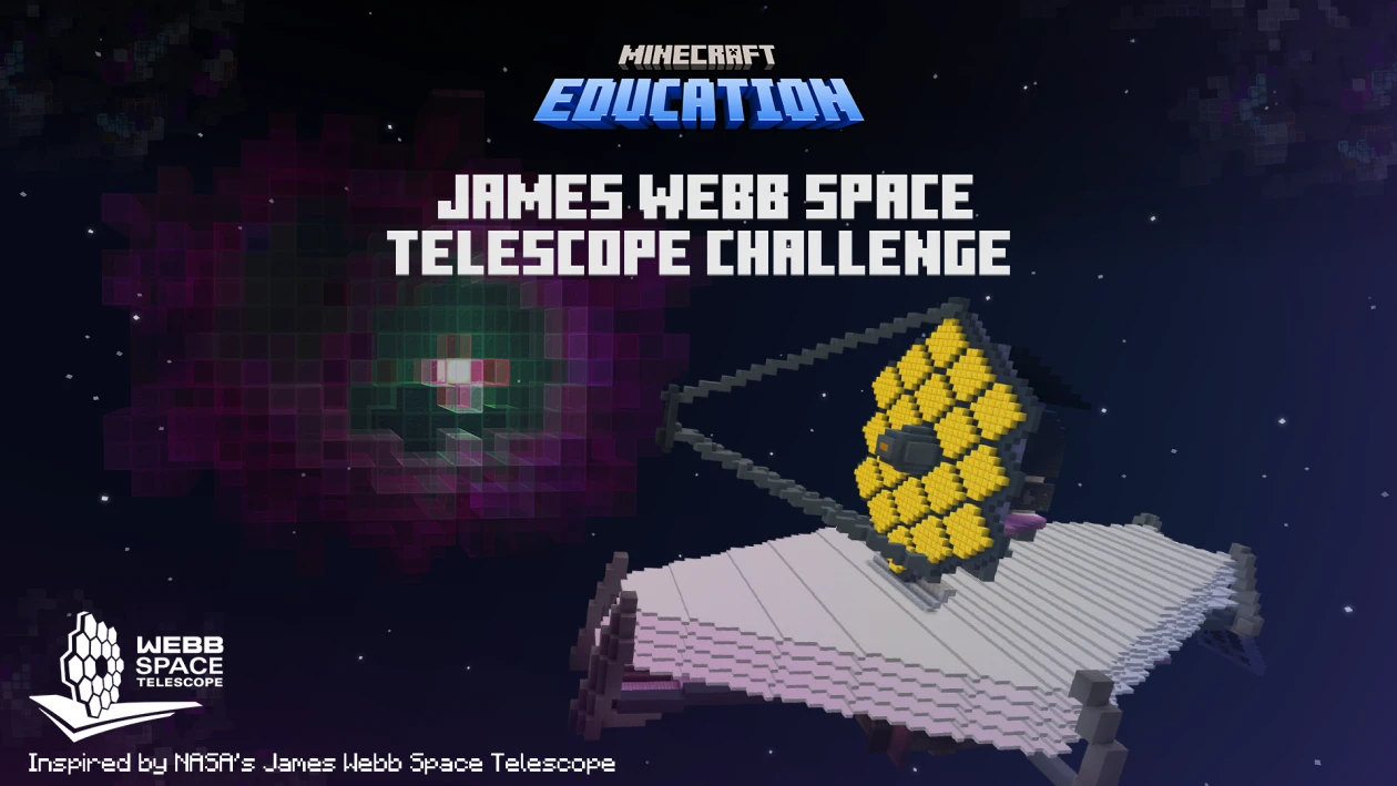 Decorative. A depiction of a telescope in Minecraft blocks, inspired by NASA&rsquo;s James Webb Space Telescope. Image includes the Minecraft Education and Webb Space Telescope logos