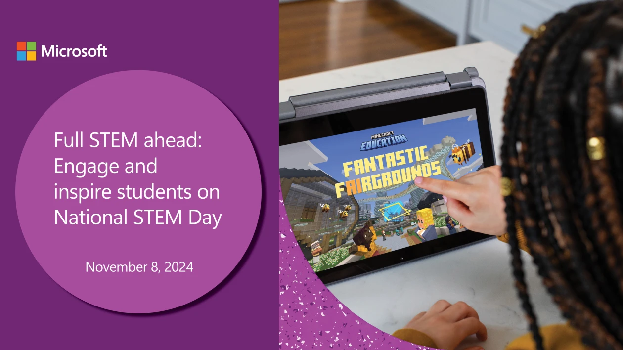 A student sits at a table and plays Minecraft Education on a laptop. The image is framed by graphic elements and the Microsoft logo