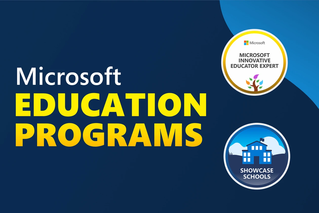 Decorative. A graphic with two badges, one that says Microsoft Innovative Educator Expert, and another that says Showcase Schools