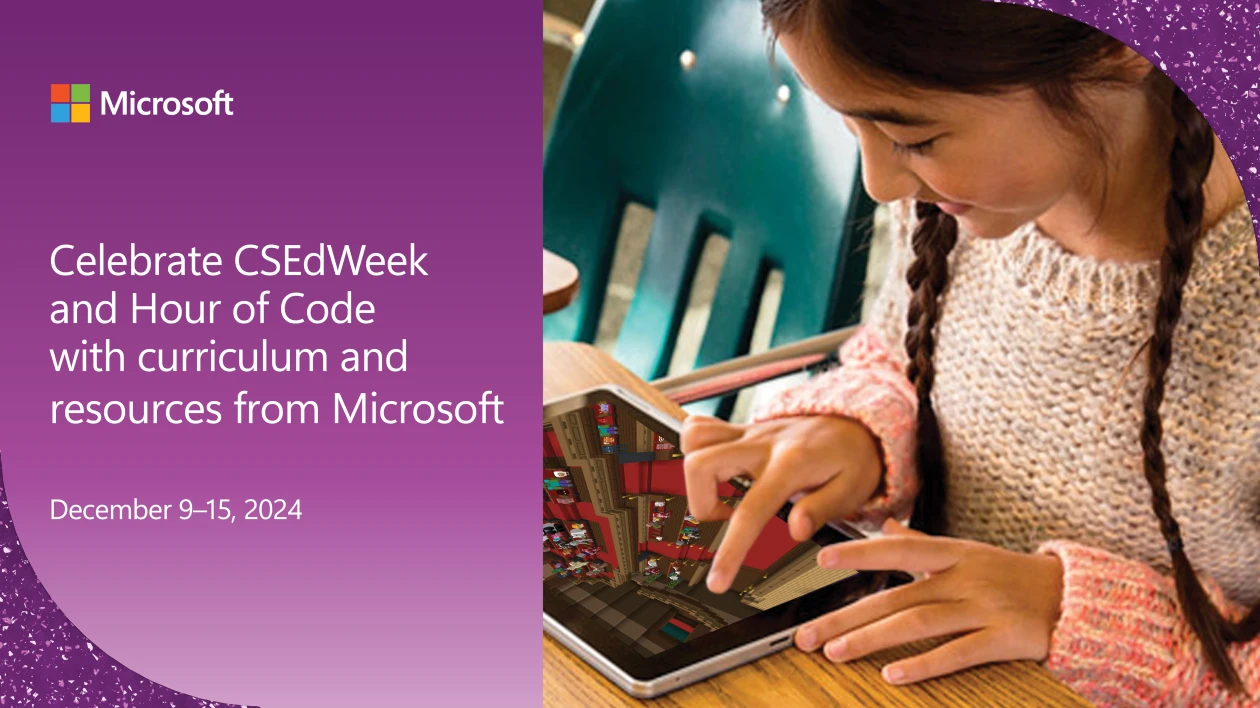 A student plays Minecraft on a tablet device. The image is framed by graphic elements and the Microsoft logo